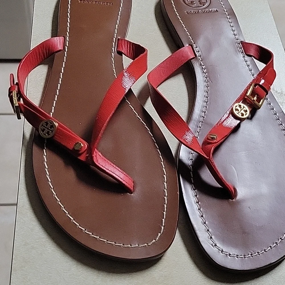 Tory Burch Red Leather Double-Strap Thong Sandals with Gold Logo